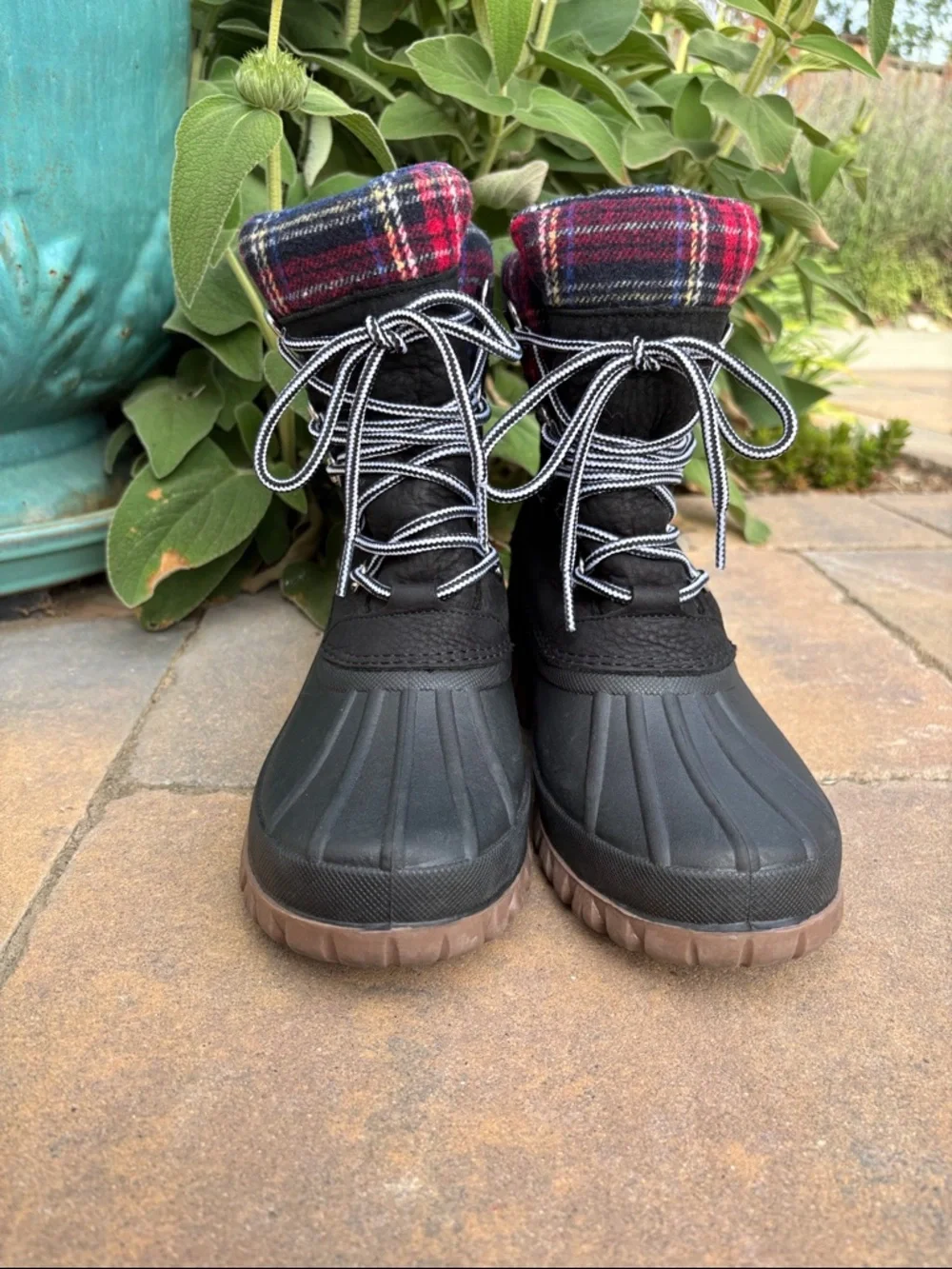 J. Crew Black Duck Boots with Red & Blue‎ Plaid Cuff
